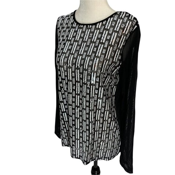 𝅺isaac Mizrahi Black/White Semi Sheer Long Sleeve Sequin Top Sz S - Picture 3 of 10